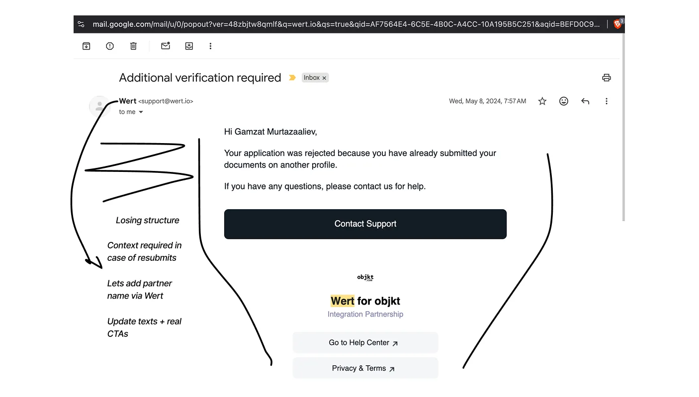 Wert emails — before redesign